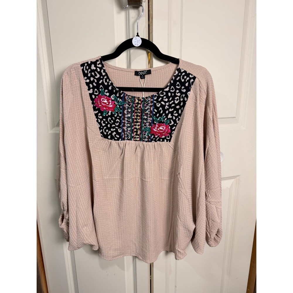 Oddi Womens Blush Tan Crinkle Gauze Embroidered Leopard Print Dolman Blouse L